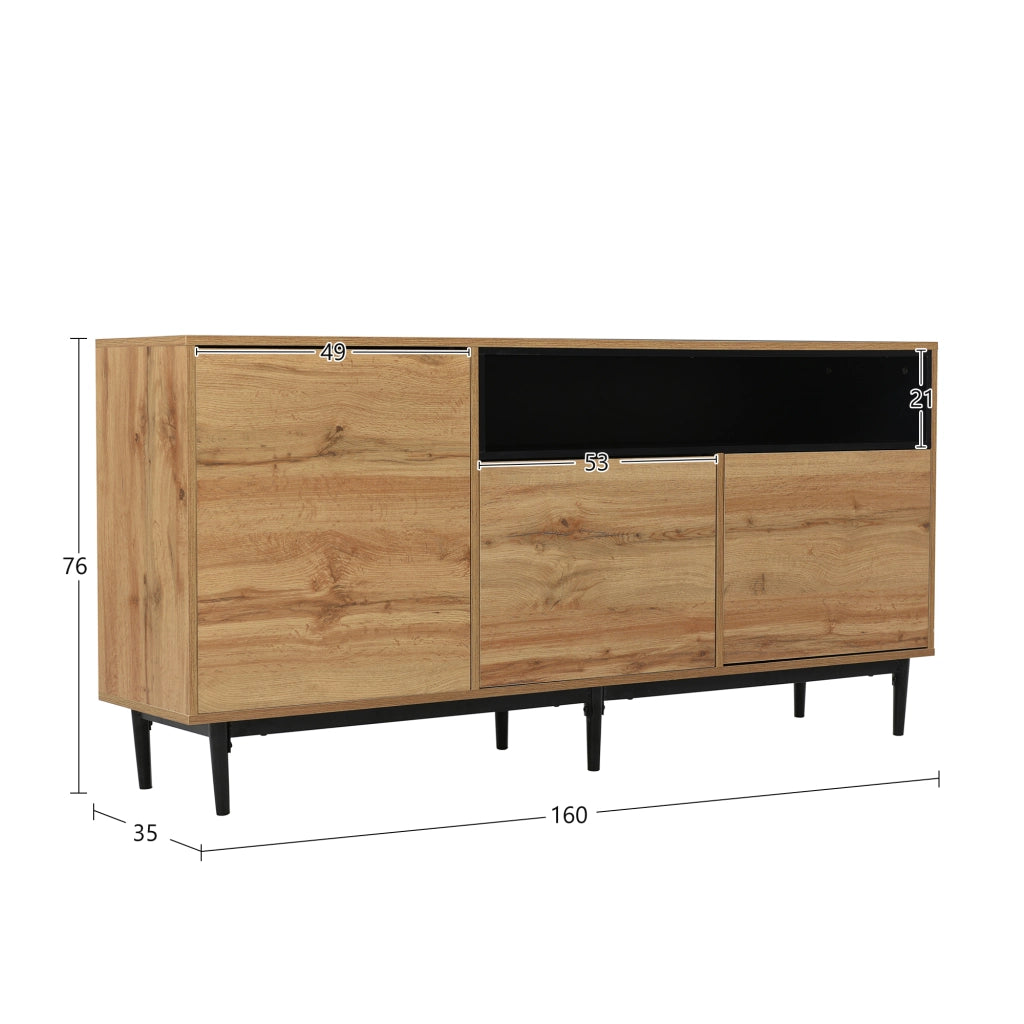 Credenza 160 × 35 × 76 cm con tre ante e ripiani regolabili in MDF e pannello truciolare legno naturale e nero