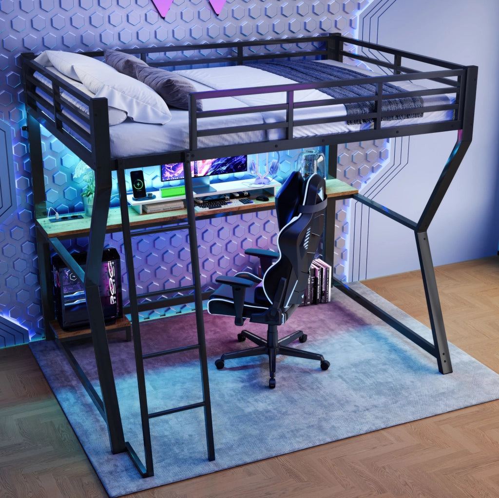 Letto a soppalco 90x200 cm con scrivania; prese USB e luce ambiente; nero