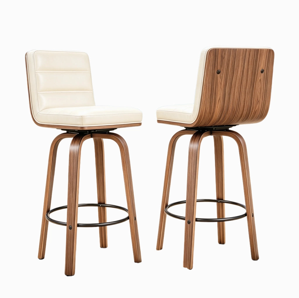 Sgabello da bar color crema con rivestimento in similpelle e gambe in faggio