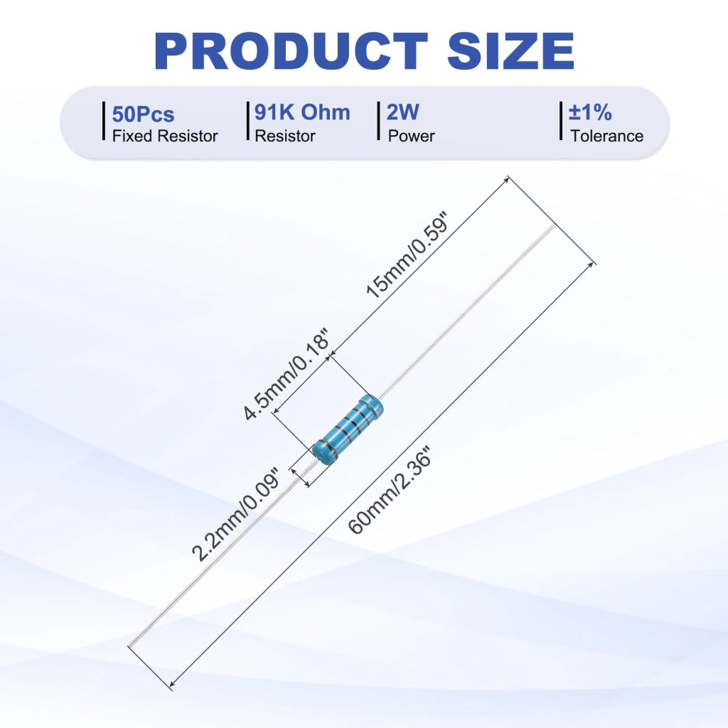 Resistenza da 91k Ohm, confezione da 50 pezzi, a film metallico, potenza 2W, tolleranza ±1%