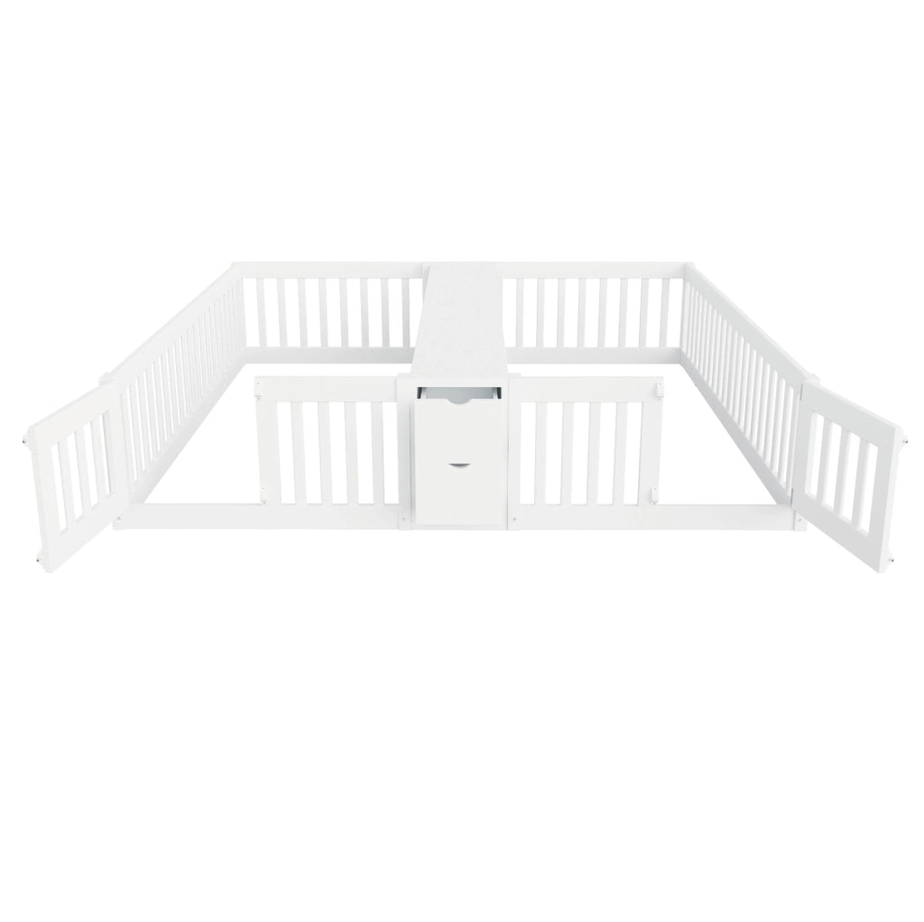 Letto a castello in legno 90x200 cm con cassetti e scaffali doppi, struttura robusta con sponde di sicurezza bianche per bambini