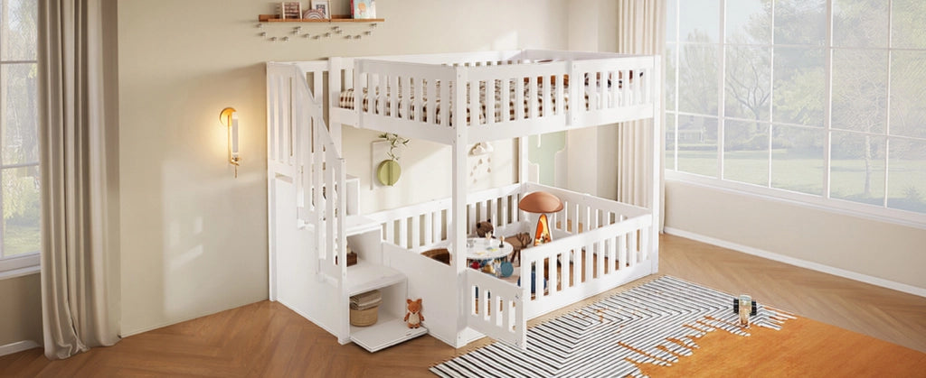 Letto a castello 140x200 cm in legno massello con scala e spazio contenitivo, bianco