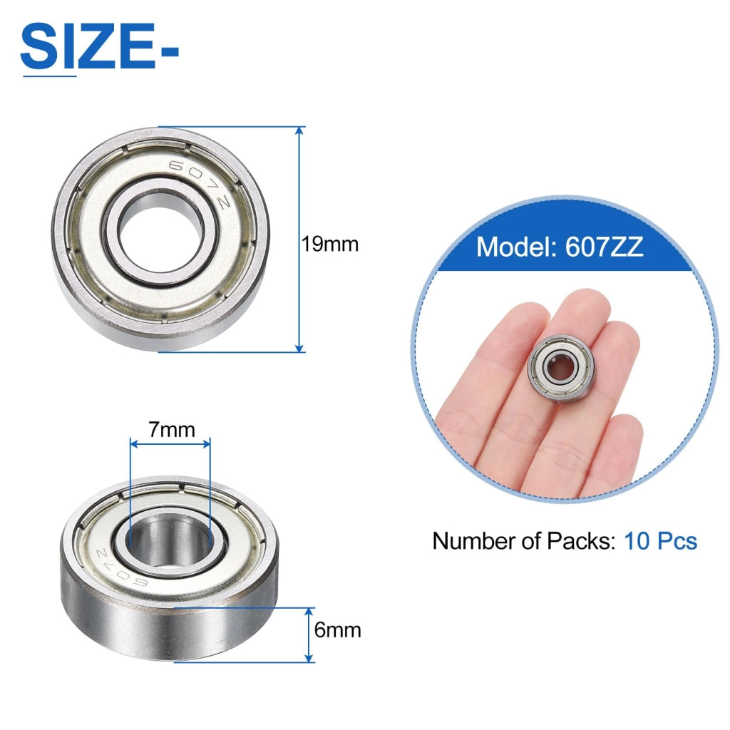 Cuscinetti a sfere radiali a contatto angolare 607ZZ, confezione da 10 pezzi, dimensioni 7x19x6 mm, Acciaio al carbonio