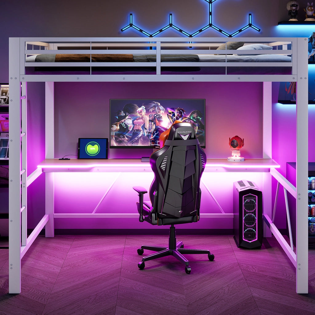 Letto a soppalco 140 × 200 cm con scrivania e led in metallo e MDF bianco con sponde di protezione