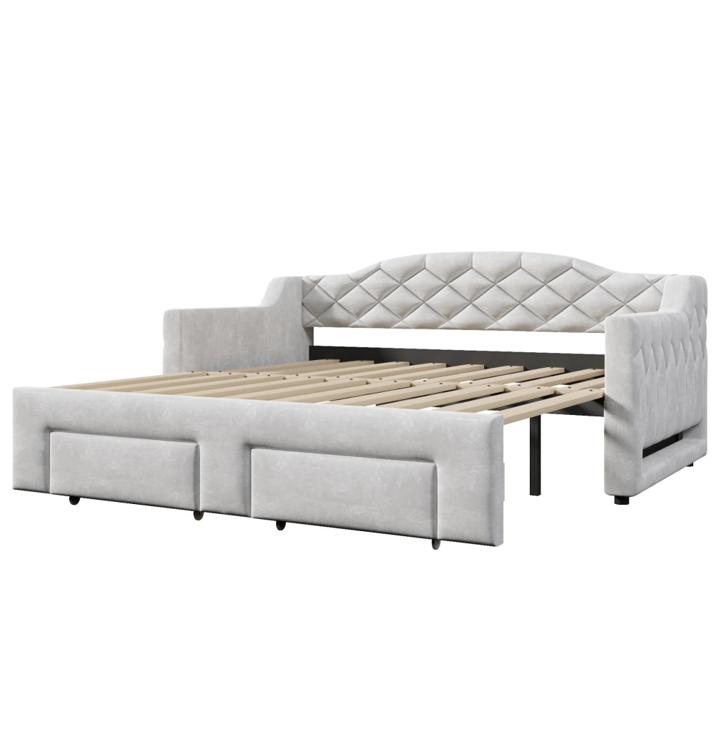 Letto singolo estraibile 90x200-180x200 cm con 2 cassetti e LED; grigio
