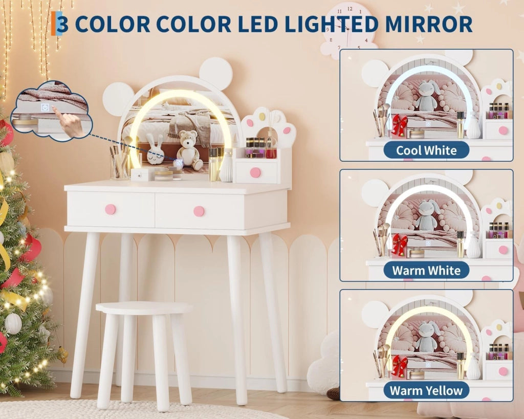 Toilette per Bambine in Legno con Specchio Orso Luminoso LED e Sgabello - Tavolo da Trucco Principessa con Cassetti di Ricovero