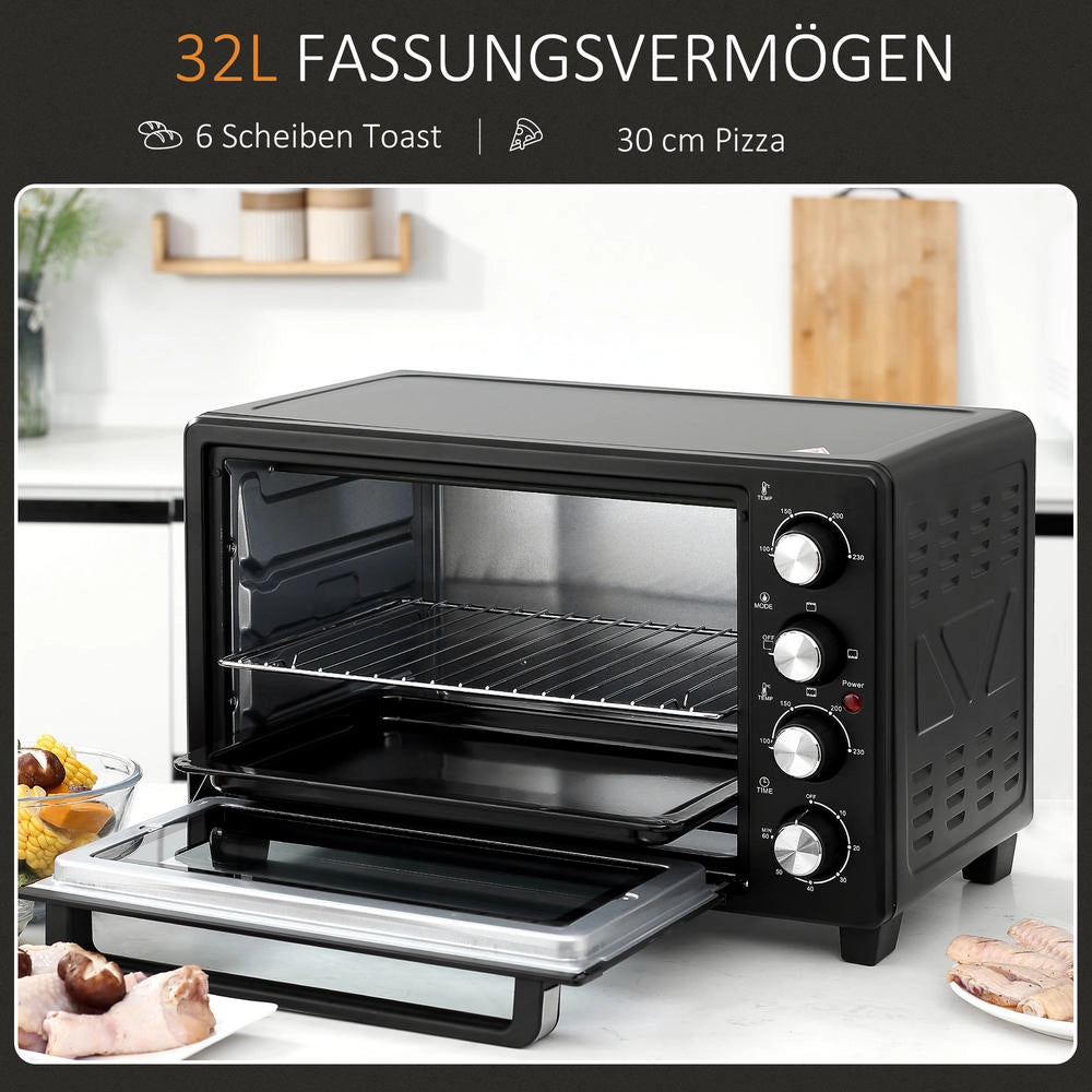 Mini Forno Elettrico Tostapane con Timer, 3 Modalità di Cottura, Teglia e Griglia, Compatto e Pratico per Casa, Nero