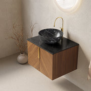 Mobile bagno ULEVR con lavabo da appoggio in ceramica nera, piano in pietra sinterizzata e 2 ante con chiusura ammortizzata