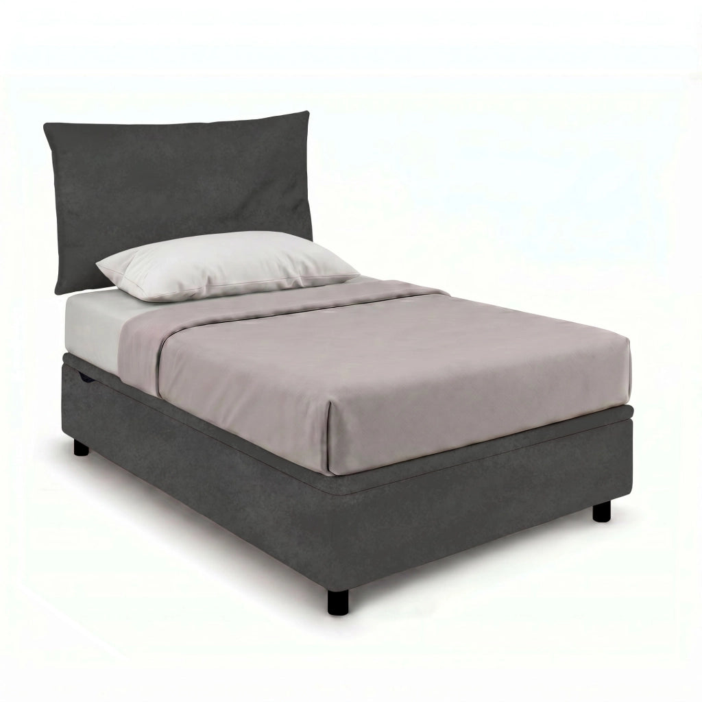 Letto Singolo Contenitore Imbottito 80x190 cm Microfibra Grigio BoxMax Testata Soft