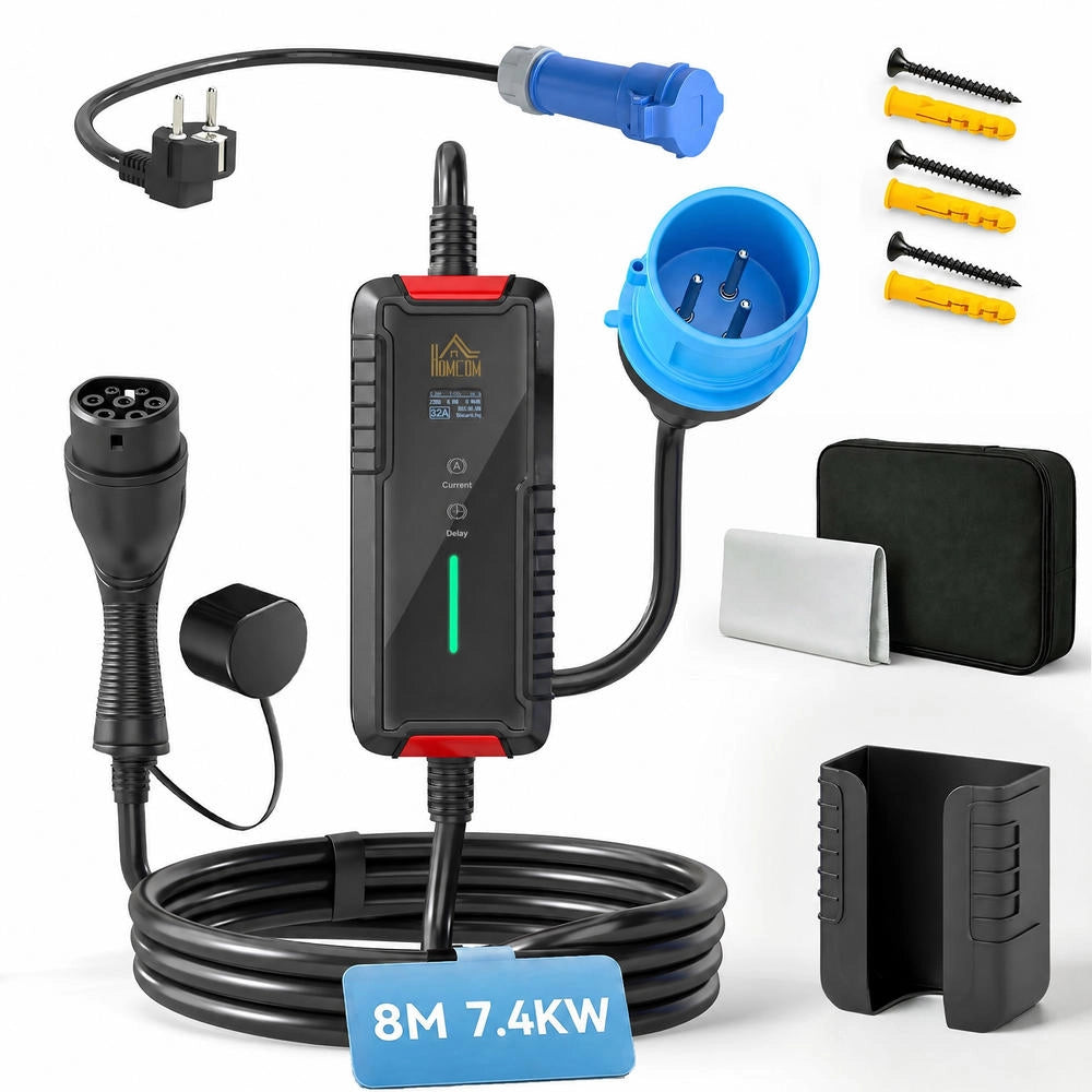 Caricabatterie auto elettrica Tipo 2 EV PHEV 7,4kW cavo 8m regolabile 6-32A IP65 con schermo LCD per garage e casa