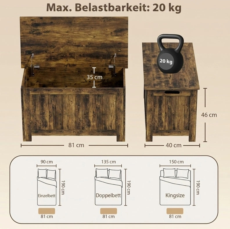 Baule contenitore in MDF con coperchio e cerniere di sicurezza, marrone rustico