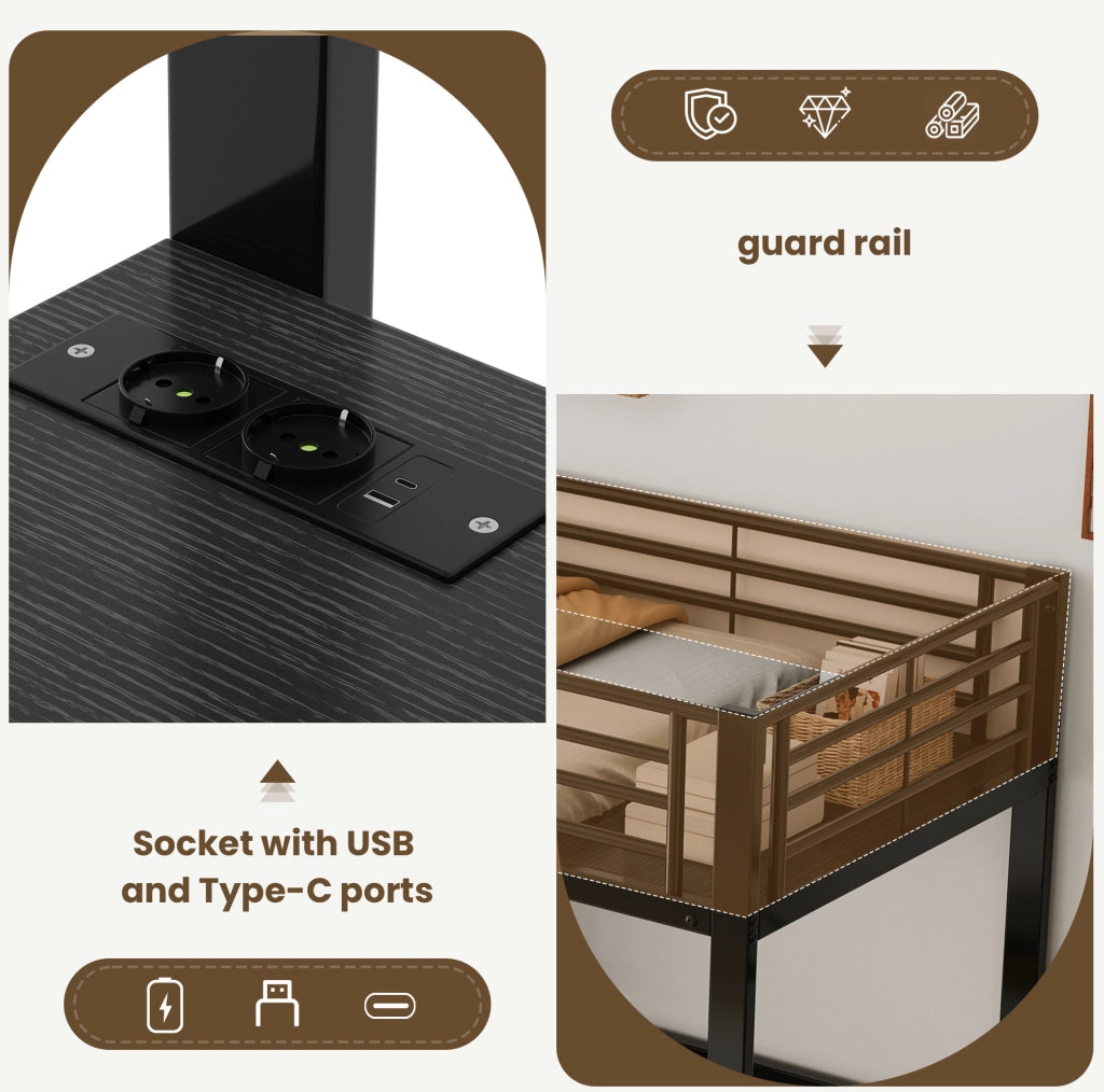 Letto a Castello Matrimoniale 90x200 cm con Scrivania e Porte USB Nero in Ferro e MDF