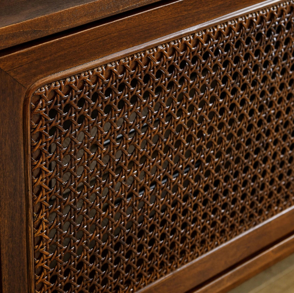 Mobile TV in MDF e legno massello con ante in rattan, noce