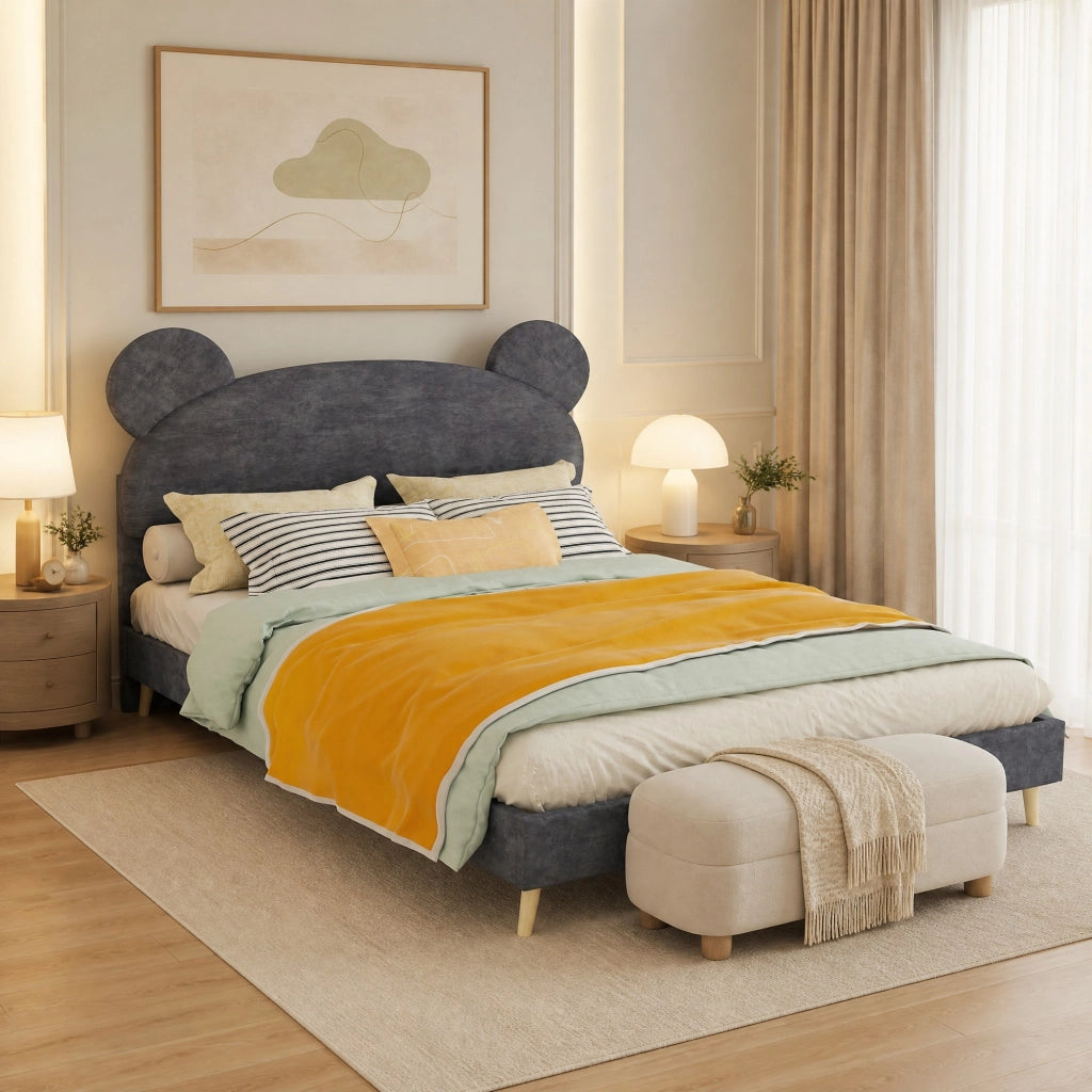 Letto per bambini 140x200 cm con testiera imbottita a orecchie; grigio