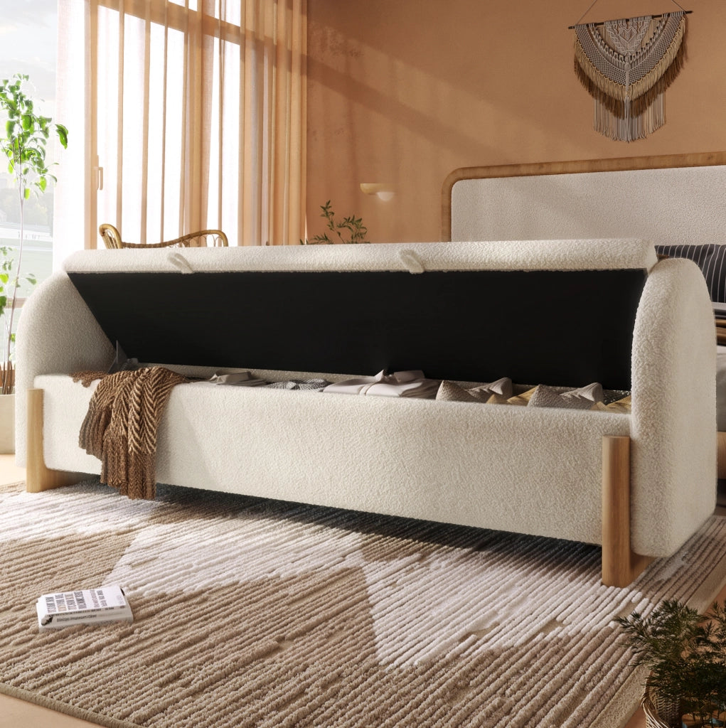 Panca contenitore bianca in bouclé 166 cm con apertura idraulica