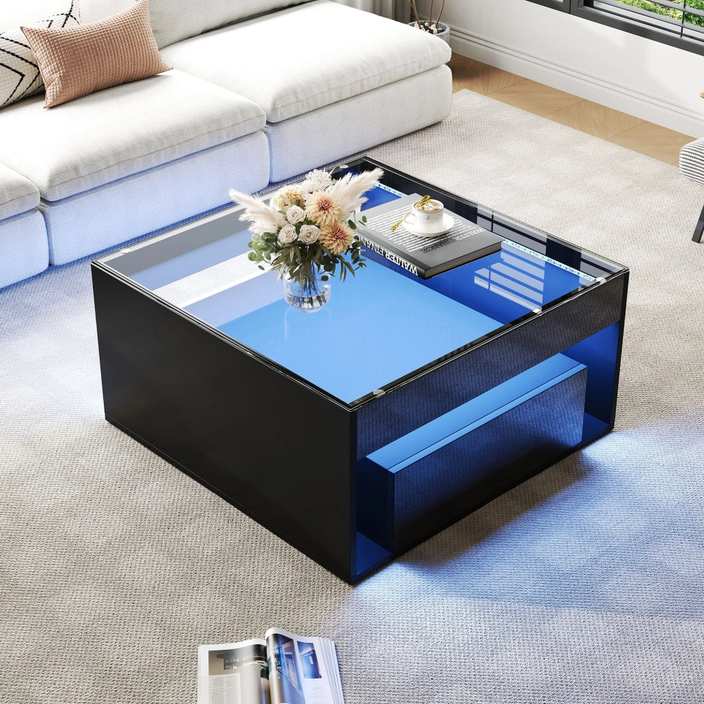 Tavolino da salotto 70 × 70 × 35 cm con 2 cassetti LED controllabile via app piano in vetro temperato MDF nero