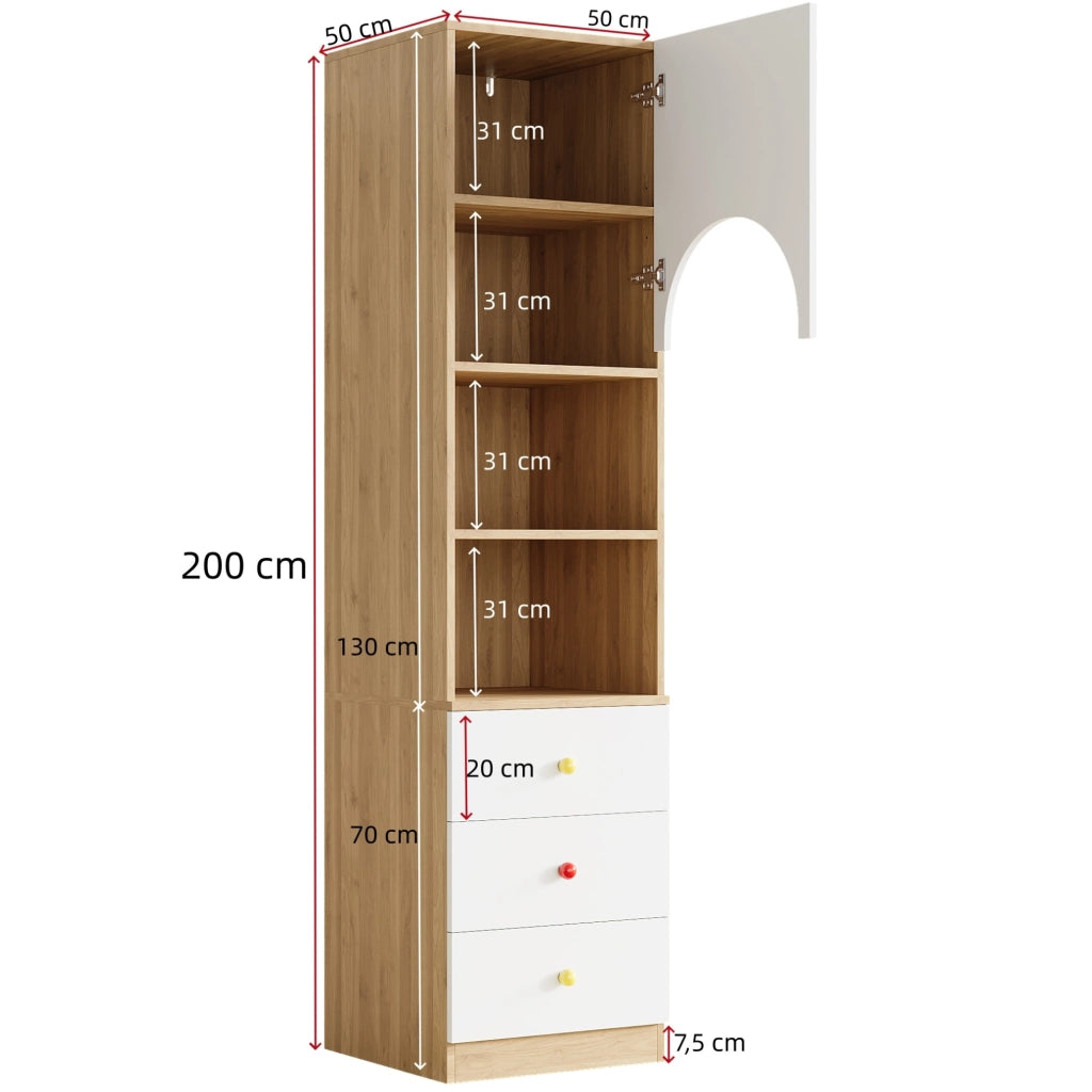Armadio a 2 ante e scaffale con cassetti, bianco e color legno