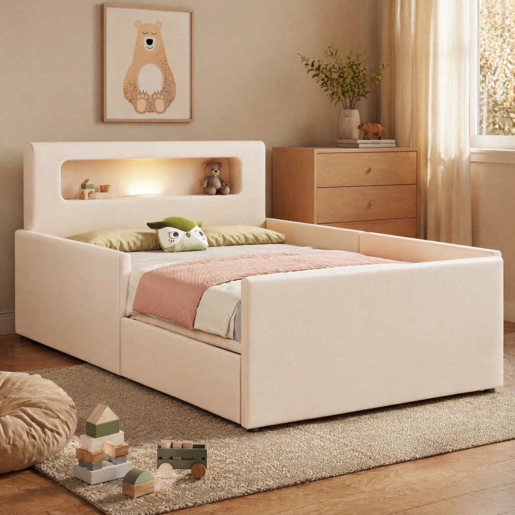 Letto contenitore 90 ¡Á 200 cm imbottito con testiera floreale e sollevamento idraulico in velluto beige