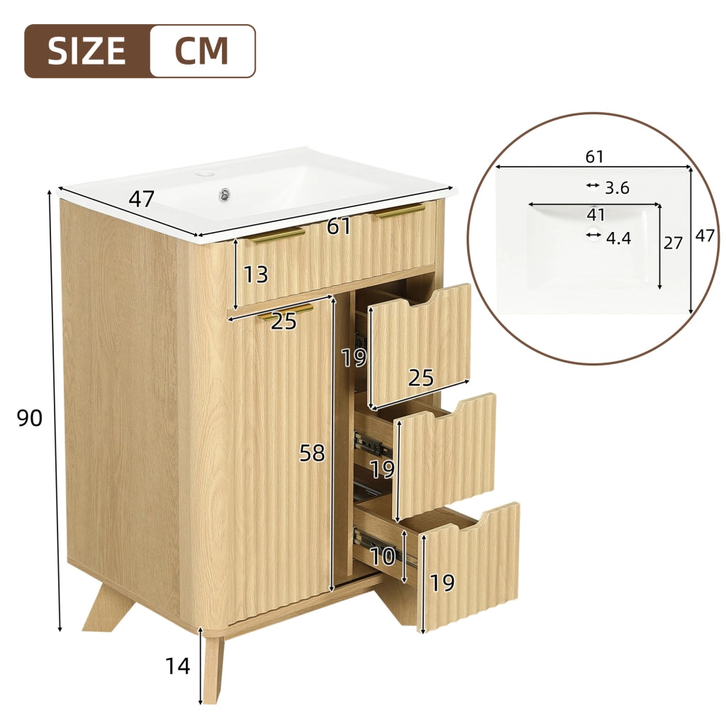 Mobile bagno 61 cm con lavabo in ceramica, 3 cassetti e anta scorrevole in MDF finitura legno naturale con motivo a onde