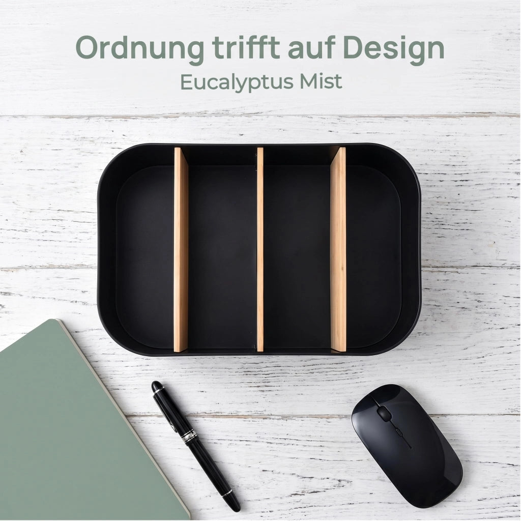 Contenitore con 4 scomparti, in plastica e bambù, dimensioni 23,7x16,5x8,2 cm, colore nero