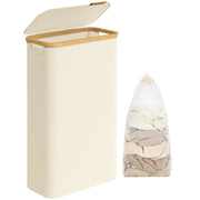 Cesto per la biancheria con coperchio, 65 litri, pieghevole, maniglie in bambù, color crema