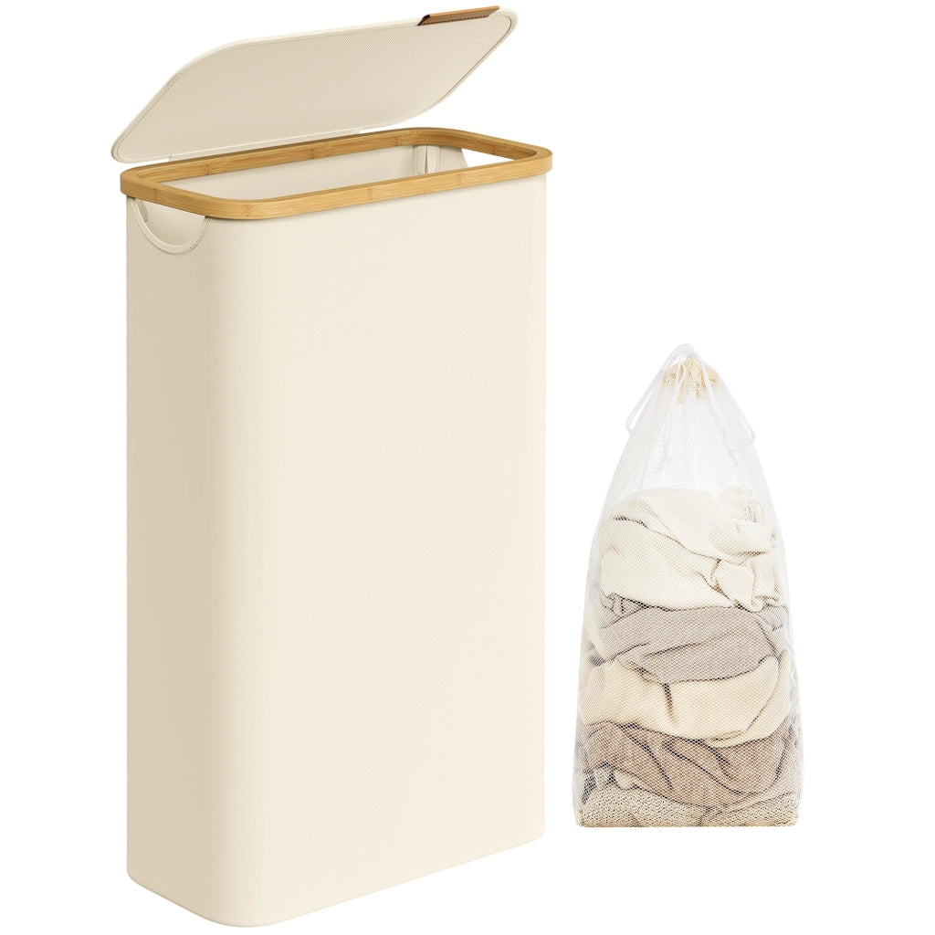 Cesto per la biancheria con coperchio, 65 litri, pieghevole, maniglie in bambù, color crema
