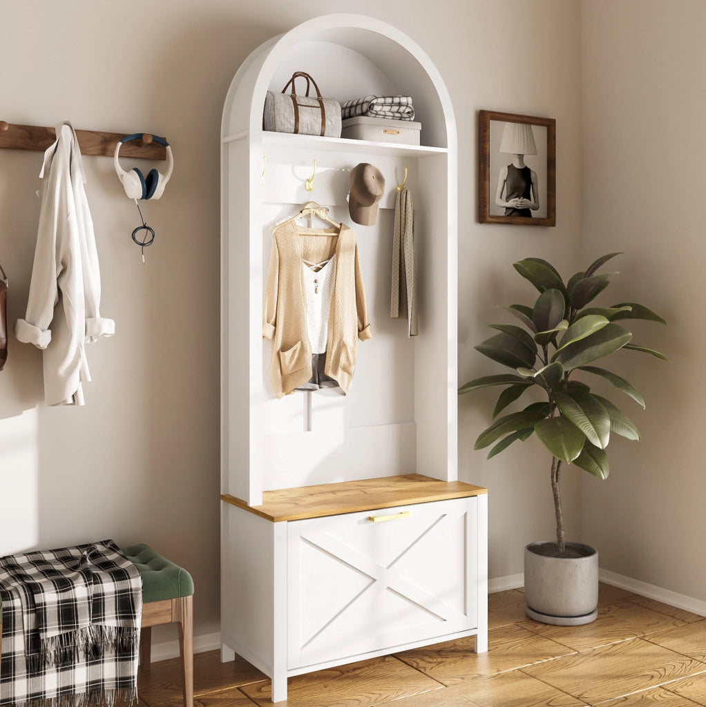 Guardaroba da ingresso 75x35x195 cm in MDF bianco e legno con scarpiera