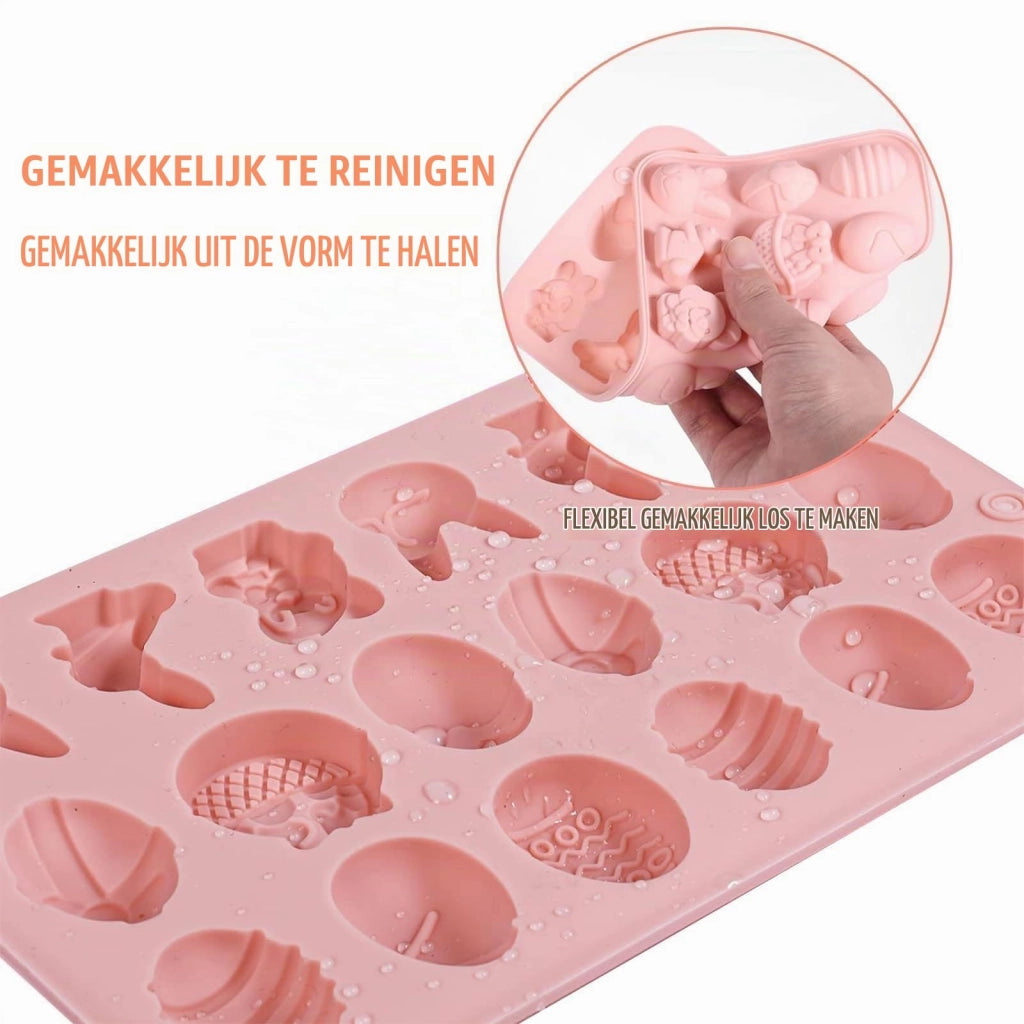 Stampo in silicone per cioccolato, 18 motivi pasquali, colore rosa, dimensioni 20x12,8x1,3 cm
