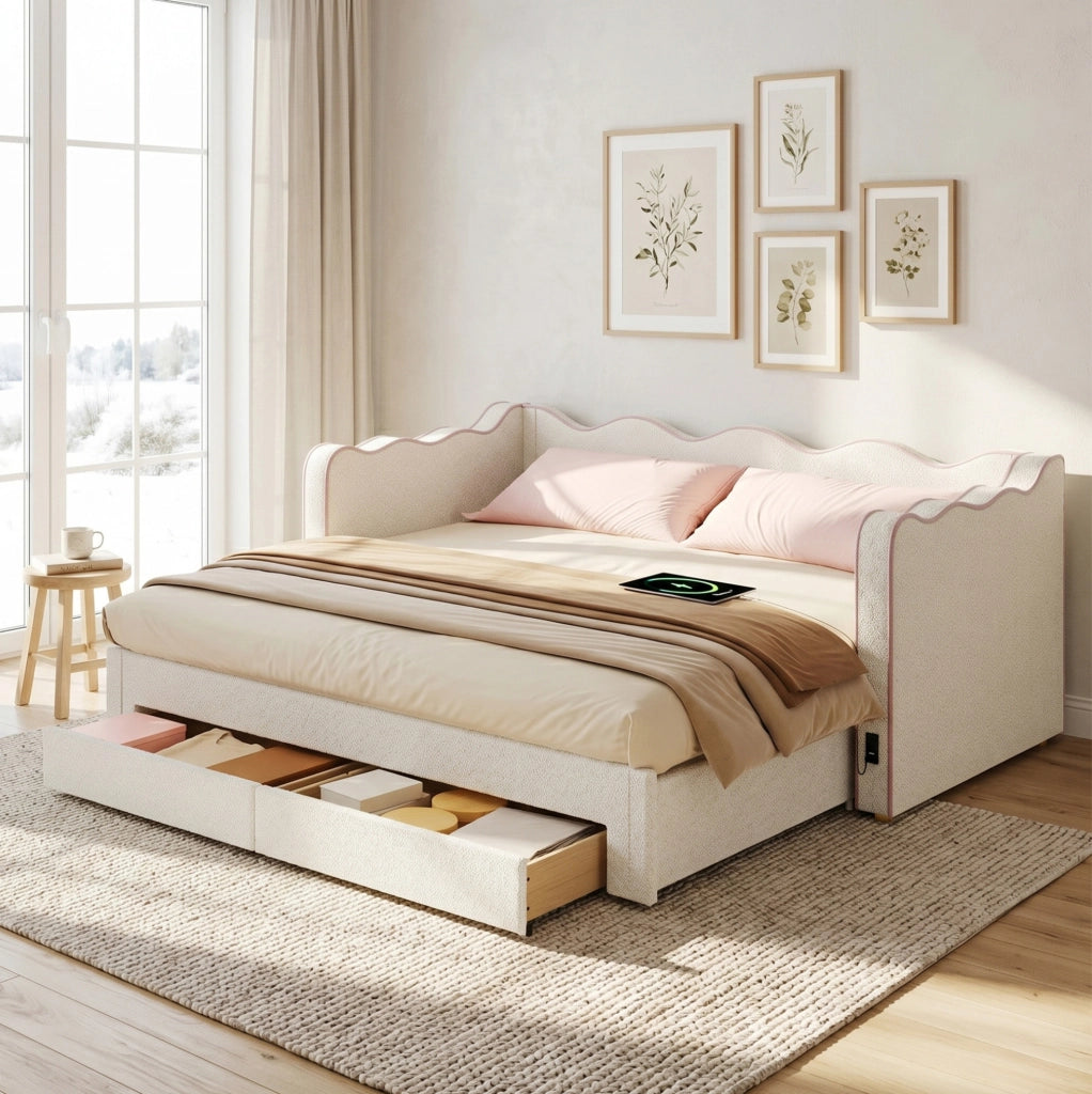 Letto da giorno estraibile 90 × 200 cm; estensibile a 180 × 200 cm; bouclé beige con USB e Type-C