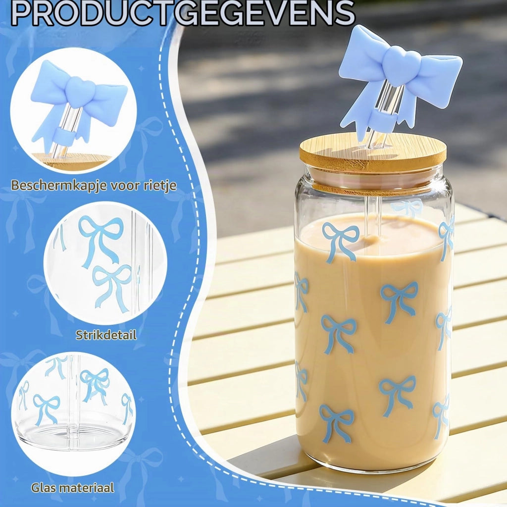 Set di bicchieri in vetro con coperchio e cannucce, capacità 40 ml, colore blu