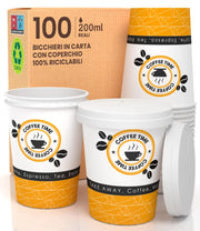 100 bicchieri di carta da 200 ml, biodegradabili + 100 coperchi