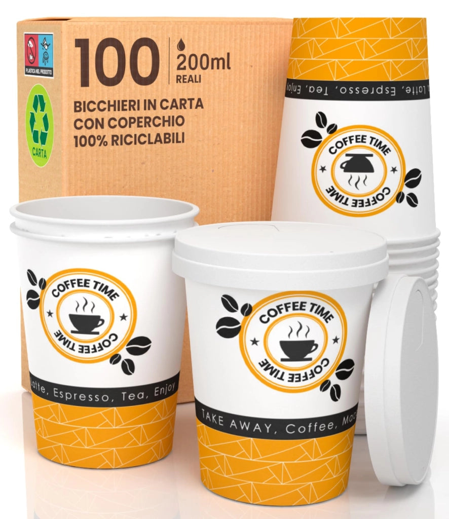 100 bicchieri di carta da 200 ml, biodegradabili + 100 coperchi