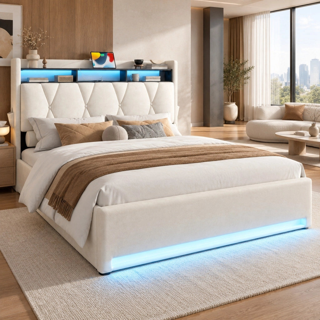 Letto contenitore 160x200 beige in velluto con LED, USB, Type-C e materasso
