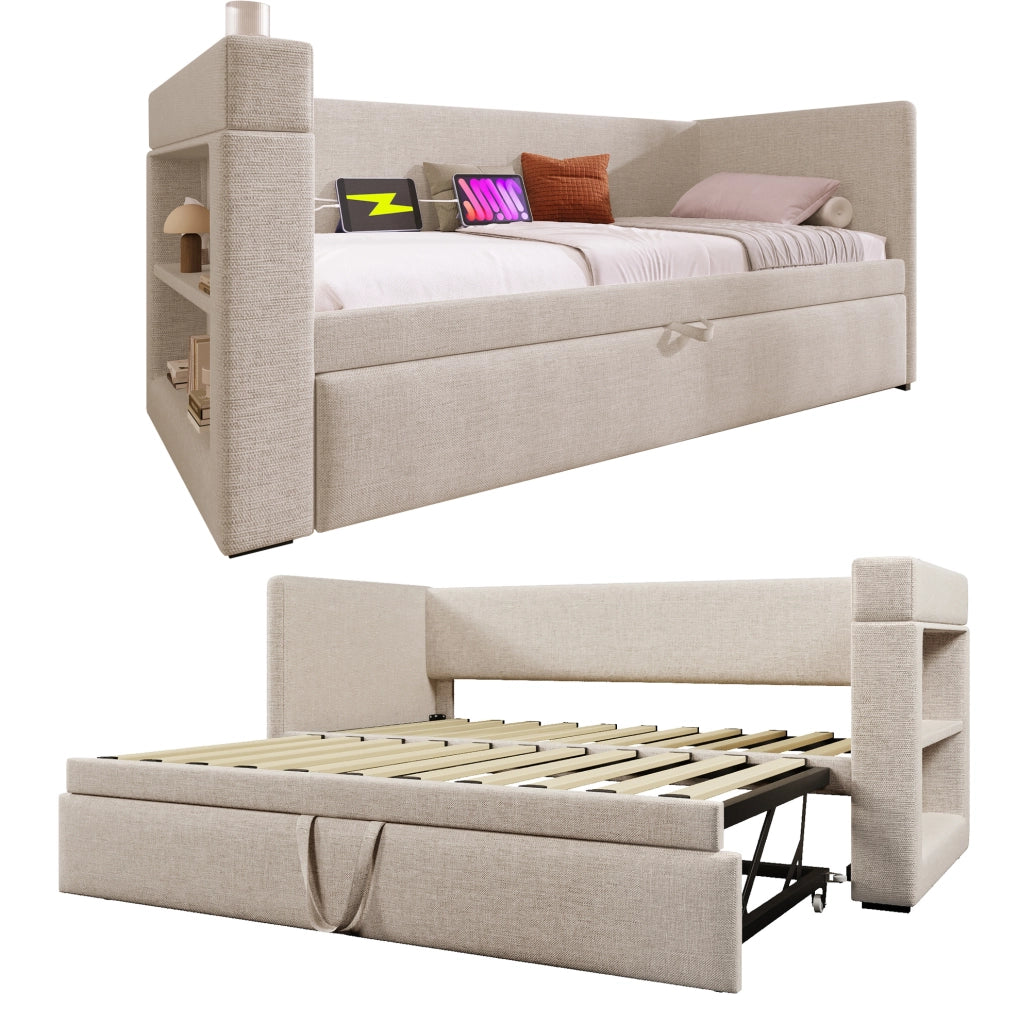 Divano letto singolo beige 90x190 cm con letto estraibile, braccioli con porte USB e Type-C, tessuto misto lino e cotone, senza materasso