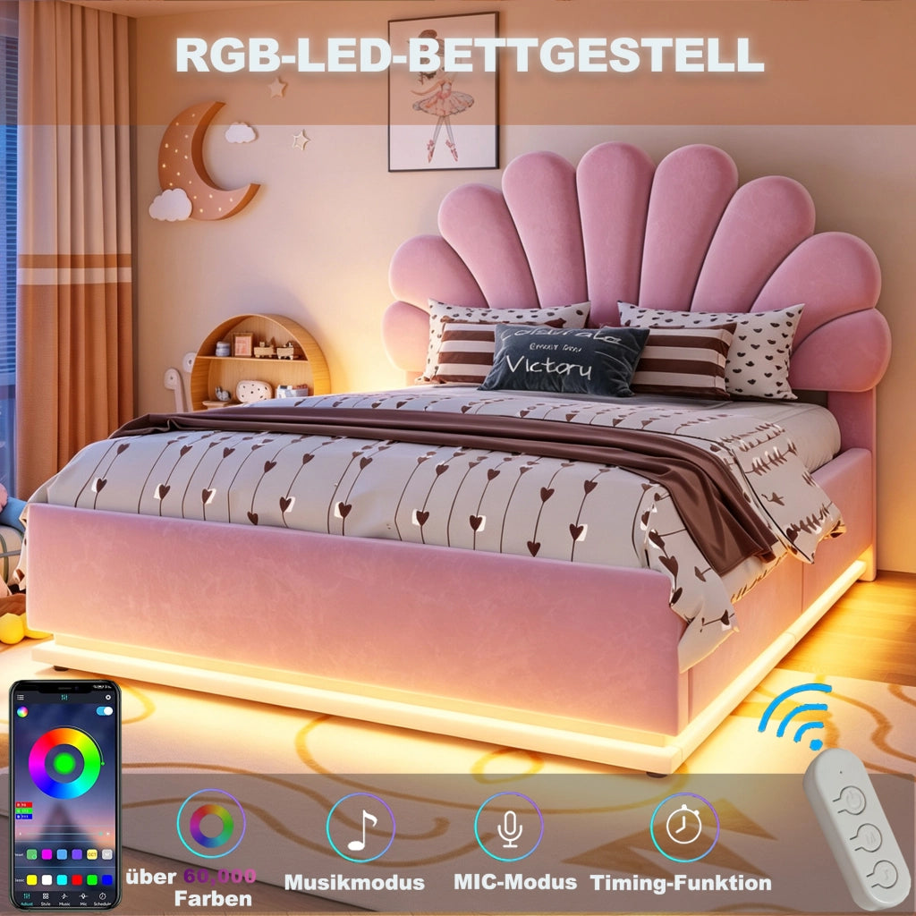 Letto contenitore 90 ¡Á 200 cm con LED e testiera a fiore rivestita in velluto beige struttura in metallo