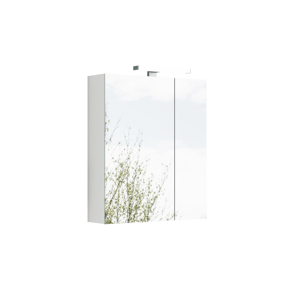 Mobile da bagno 60 cm bianco con specchio, porte asimmetriche, illuminazione LED e presa francese integrata