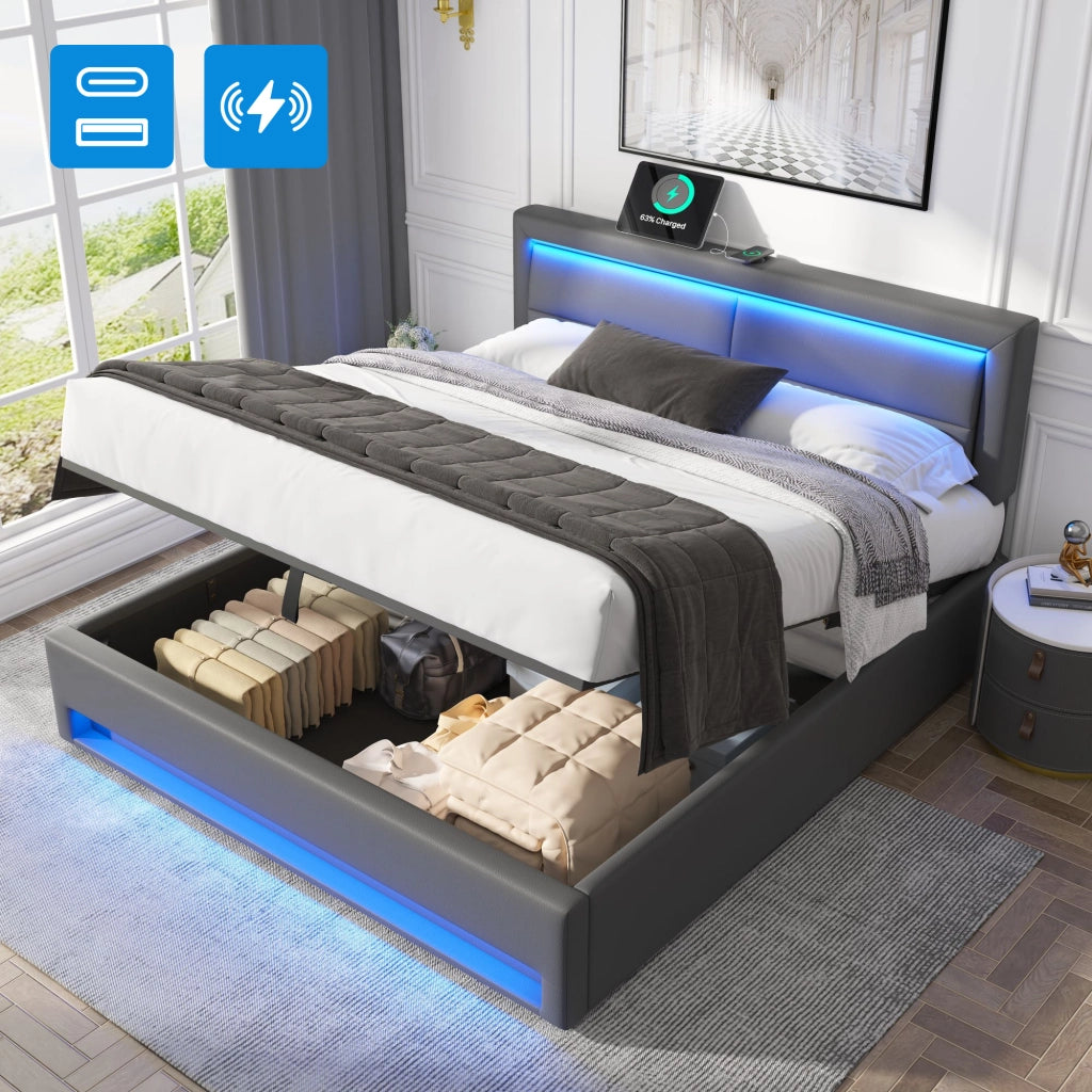 Letto imbottito 160x200 cm; grigio in PU; con porte USB; LED e contenitore