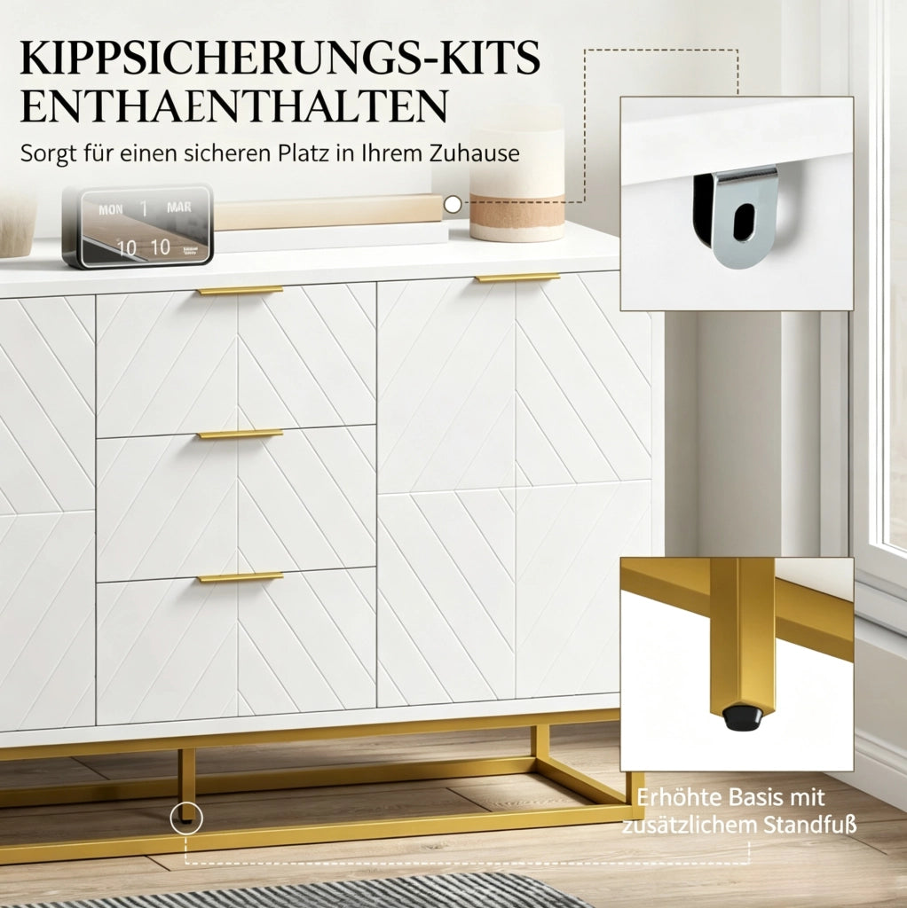 Credenza bianca e dorata con 2 vani e 3 cassetti