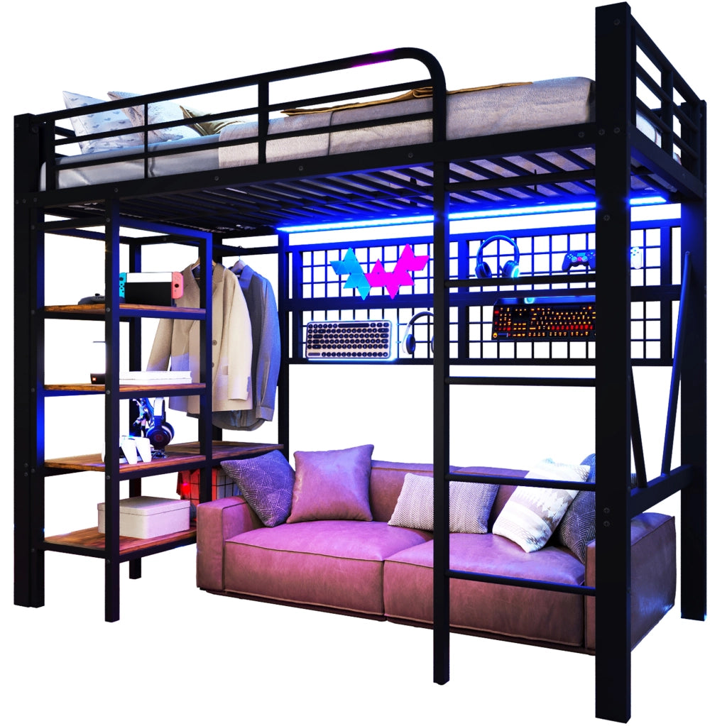 Letto a soppalco 90x200 cm con struttura in ferro, zona sotto letto aperta, ripiano e rete appendiabiti, barra appendiabiti, luce LED integrata, senza materasso, nero