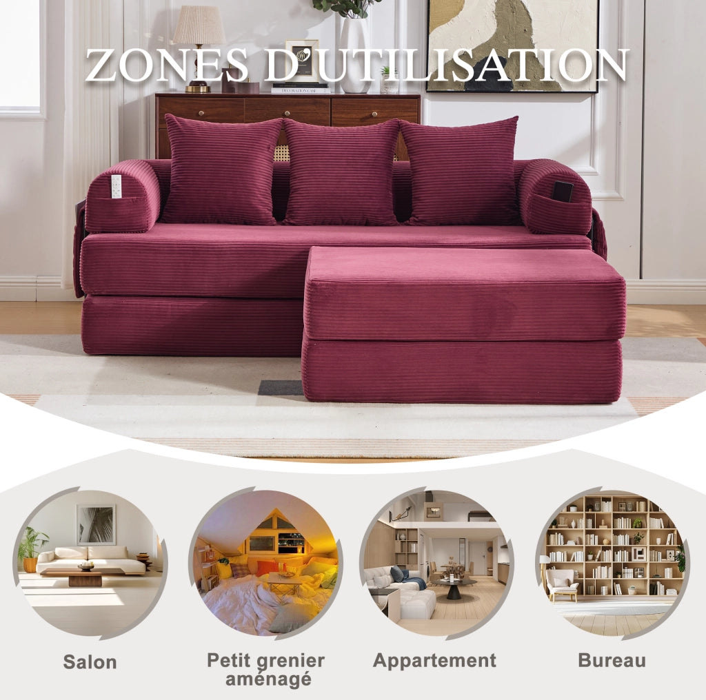 Divano modulare IVMEU 200x190x67 cm con pouf, 3 cuscini e tasca laterale, velluto a coste rosso vinaccia