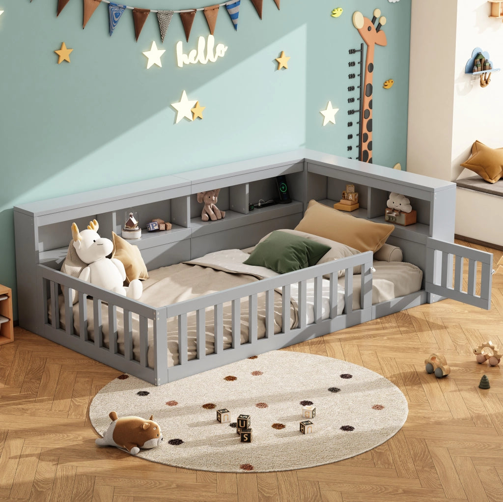 Letto giorno 90x200 cm con rete a doghe, guida estraibile, prese elettriche e USB, struttura in truciolato grigio