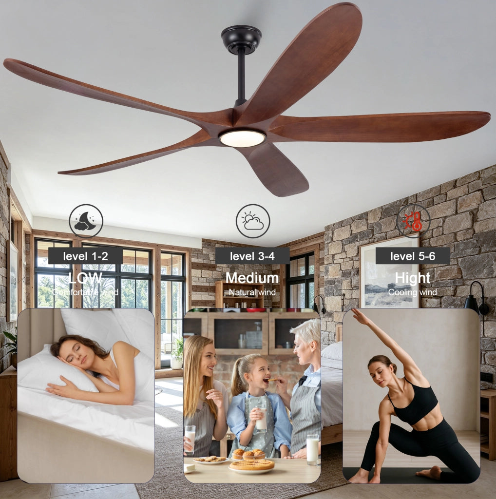 Ventilatore da soffitto con luce LED e 5 pale in legno massello