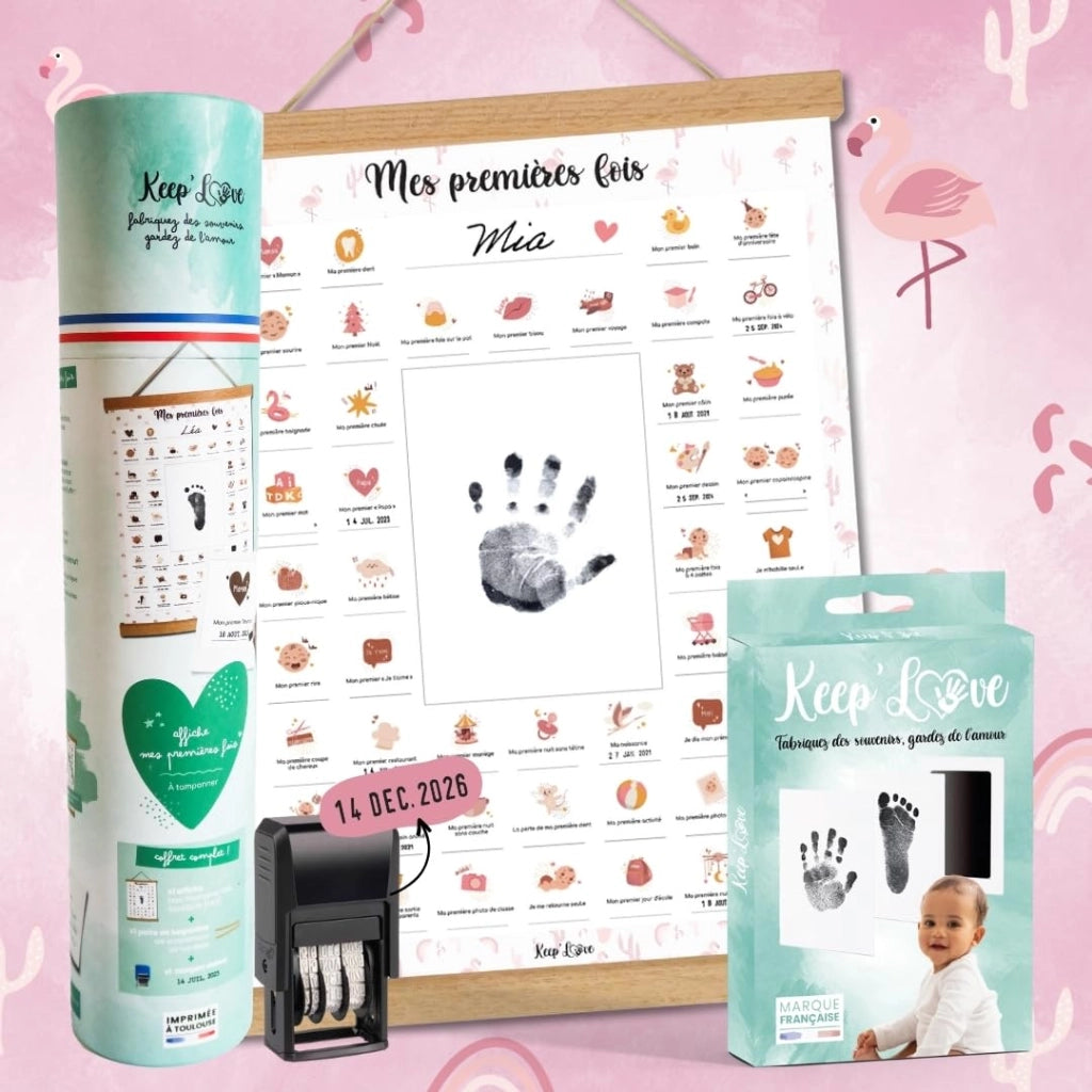 Poster A3 "Il mio primo timbro" – impronta del piede per bambini, fenicottero rosa