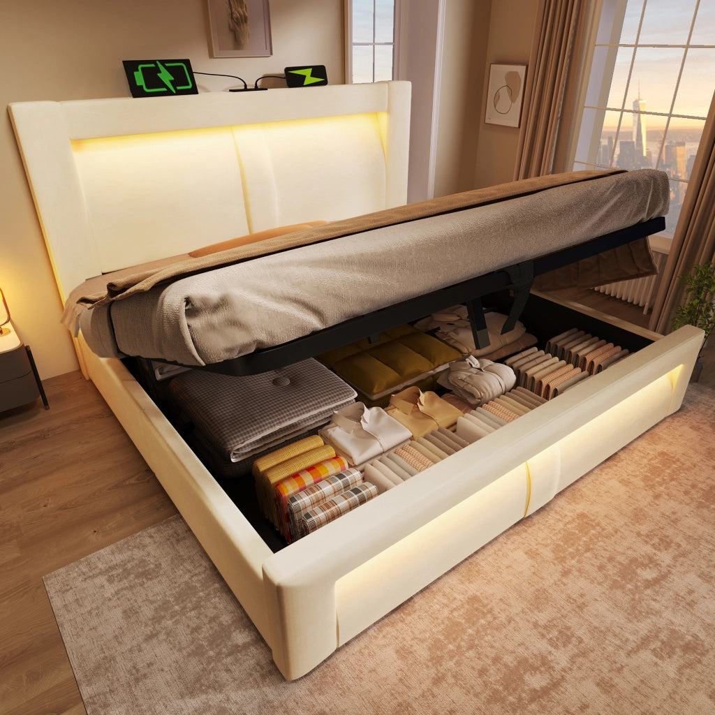 Letto contenitore 160 ¡Á 200 cm con LED e porte USB Type-C rivestito in velluto grigio