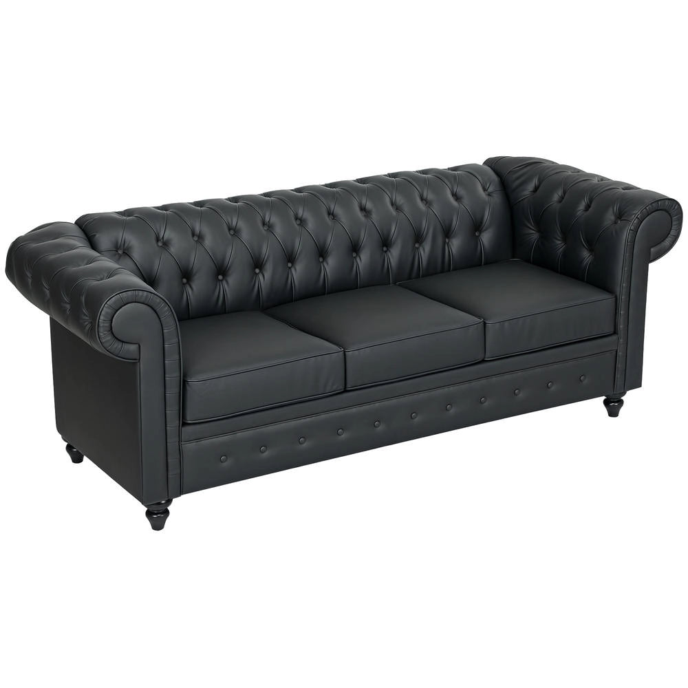 Divano 3 Posti Stile Chesterfield in Finta Pelle Nero, Imbottitura Molle Insacchettate Trapuntato per Soggiorno e Salotto, 213x86x79 cm