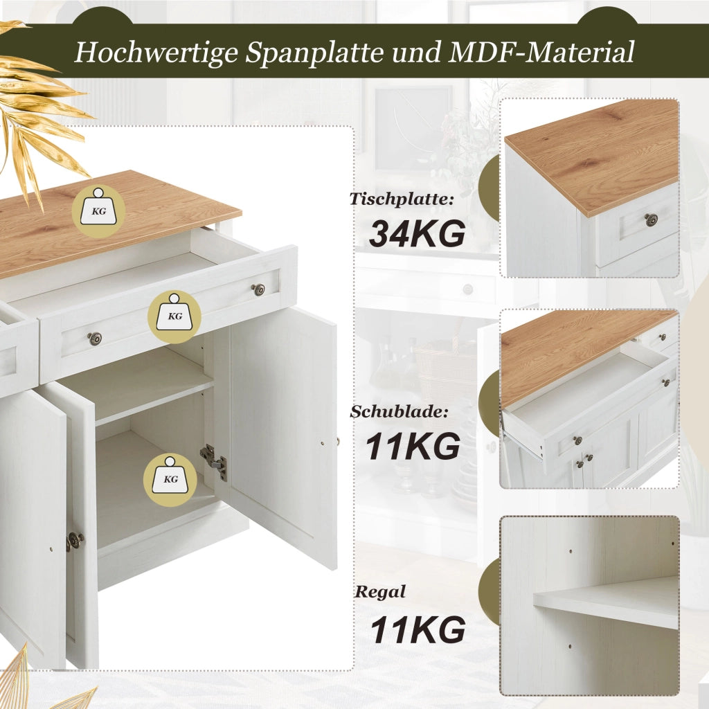 Credenza 150 × 40 × 86 cm con 4 ante 2 cassetti e ripiani regolabili in MDF e truciolato bianco e legno naturale