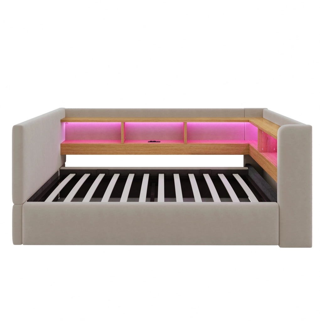 Divano Letto Singolo 90x190 cm con Contenitore Idraulico, LED e Prese, Tessuto Scuro