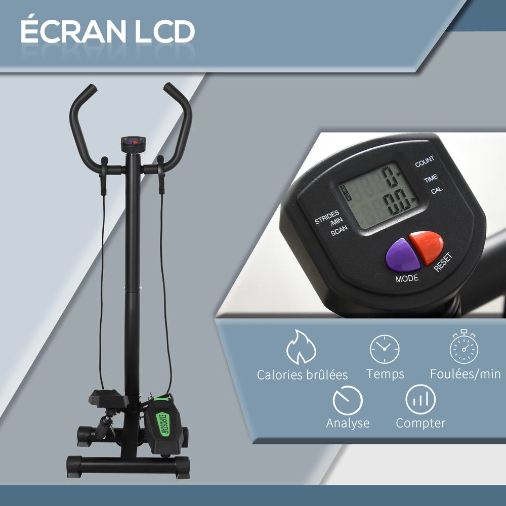 Pedali antiscivolo, stepper fitness con manubrio, 2 elastici e display LCD, verde e nero, per casa, ufficio e palestra