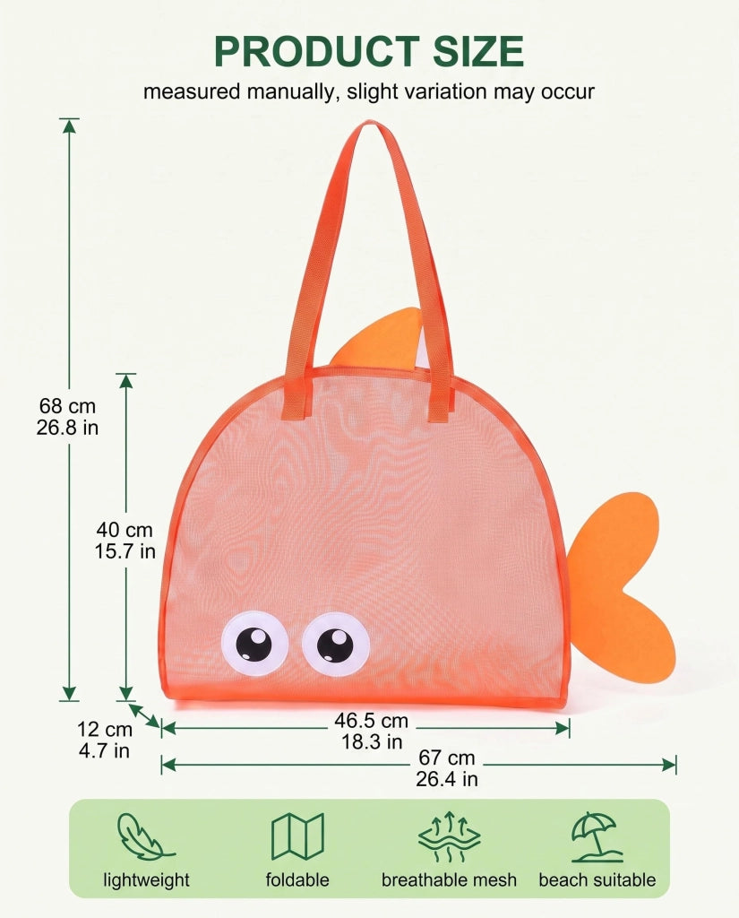 Borsa a rete per spiaggia e giochi, arancione, a forma di pesce, 1 pezzo, pieghevole