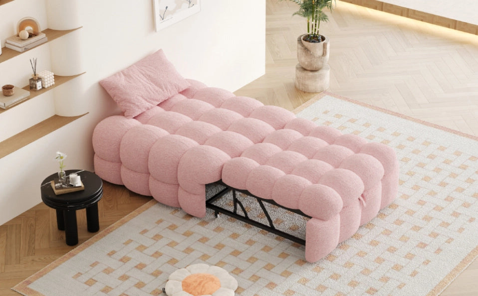 Letto singolo imbottito 2-in-1 con pouf estraibile, divano letto in bouclé rosa, 183x76x42 cm